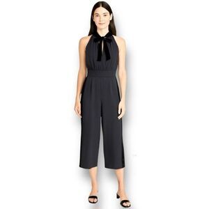 Kate Spade Black Velvet Bow Tuxedo Stripe Wide Leg Cropped Jumpsuit Old Money 14